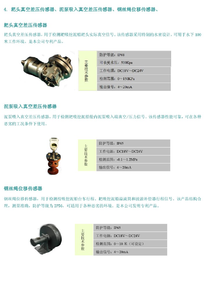 耙頭真空差壓傳感器、泥泵吸入真空差壓傳感器、鋼絲繩位移傳感器、